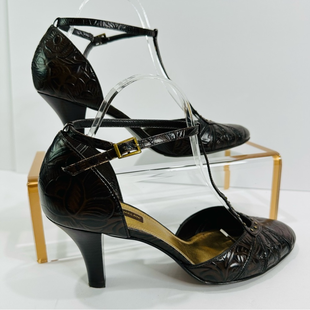 ANTONIO MELANI BROWN LEATHER EMBOSSED SIZE 8.5 GREAT COND 3” STRAPPY HEELS - Picture 2 of 9
